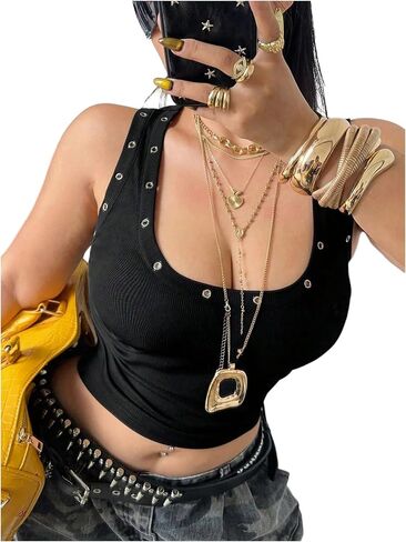 SOLY HUX المرأة حجم كبير تانك الأعلى Y2k الشرير جروميت العيينة رقبة سكوب بدون أكمام الخروج المحاصيل القمم in Kuwait