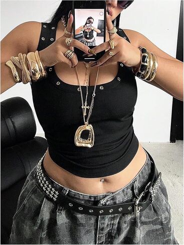 SOLY HUX المرأة حجم كبير تانك الأعلى Y2k الشرير جروميت العيينة رقبة سكوب بدون أكمام الخروج المحاصيل القمم in Kuwait