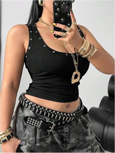SOLY HUX المرأة حجم كبير تانك الأعلى Y2k الشرير جروميت العيينة رقبة سكوب بدون أكمام الخروج المحاصيل القمم in Kuwait