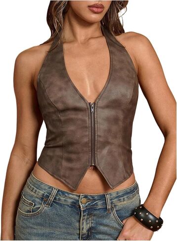 SweatyRocks المرأة بو الجلود الرسن تانك القمم مثير العميق الخامس الرقبة الدانتيل يصل الظهر سترة حزب Clubwear in Kuwait
