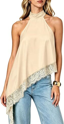 Women's Y2k Halter Top Satin Mock Neck Sleeveless Tank Tops Lace Trim Asymmetrical Hem Cami Sexy Going Out Shirt in Saudi Arabia