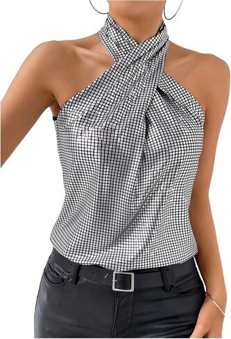 RoseSeek Women's Sequin Halter Tops Sparkle Sleeveless Top Party Y2k Tops Disco Outfits in Kuwait