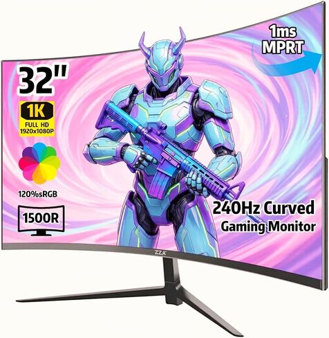 شاشة ZZA منحنية للألعاب مقاس 32 بوصة، FHD 1920x1080، VA، 1 مللي ثانية 240 هرتز، FreeSync Premium، 2xDP 1.4/2xHDMI 2.0، متوافقة مع VESA، قابلة للإمالة in Kuwait
