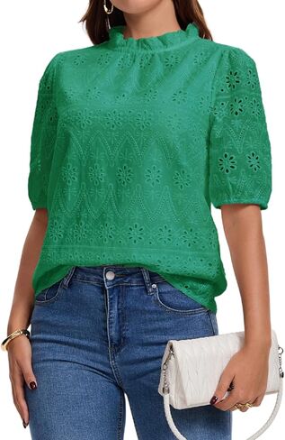 Women's Summer Tops 2026 Puff Short Sleeve Embroidered Eyelet Shirts Dressy Casual Blouses Spring Fashion Clothes in Saudi Arabia