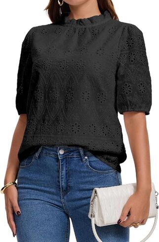 Women's Summer Tops 2026 Puff Short Sleeve Embroidered Eyelet Shirts Dressy Casual Blouses Spring Fashion Clothes in Saudi Arabia