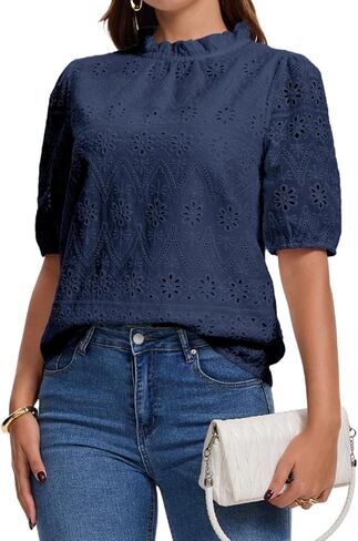 Women's Summer Tops 2026 Puff Short Sleeve Embroidered Eyelet Shirts Dressy Casual Blouses Spring Fashion Clothes in Saudi Arabia