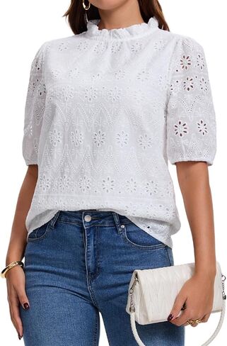 Women's Summer Tops 2026 Puff Short Sleeve Embroidered Eyelet Shirts Dressy Casual Blouses Spring Fashion Clothes in Saudi Arabia