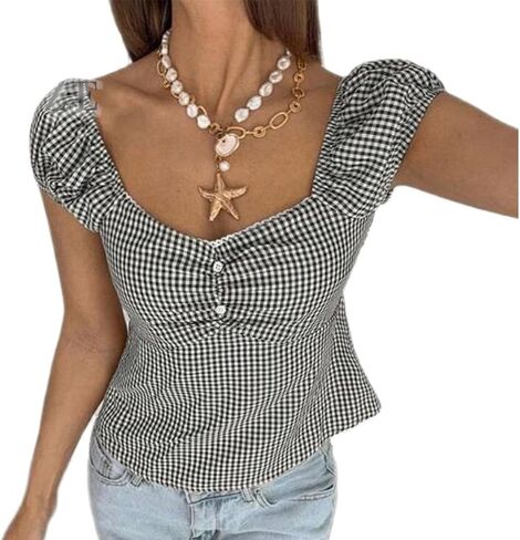 Women Y2K Gingham Babydoll Tops Fairy Grunge Short Sleeve Scoop Neck Shirt Teen Girls Cute Peplum Tops Streetwear in Saudi Arabia