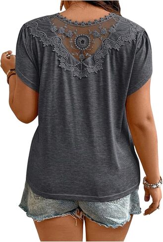 SOLY HUX Women's Plus Size Lace Basic Tees V Neck Short Sleeve T Shirts Casual Summer Tunic Tops in Kuwait