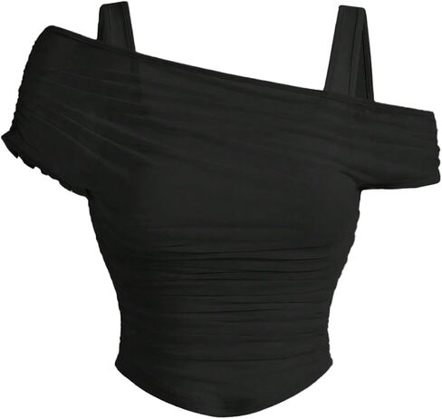 WDIRARA Women's 2 in 1 Off Shoulder Mesh Tops Ruched Short Sleeve Crop Tee Shirts in Kuwait