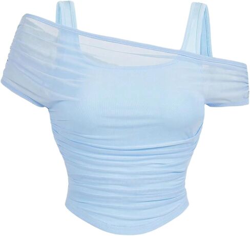 WDIRARA Women's 2 in 1 Off Shoulder Mesh Tops Ruched Short Sleeve Crop Tee Shirts in Kuwait
