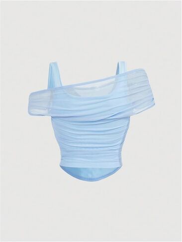 WDIRARA Women's 2 in 1 Off Shoulder Mesh Tops Ruched Short Sleeve Crop Tee Shirts in Kuwait