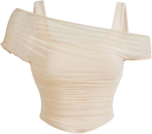 WDIRARA Women's 2 in 1 Off Shoulder Mesh Tops Ruched Short Sleeve Crop Tee Shirts in Kuwait