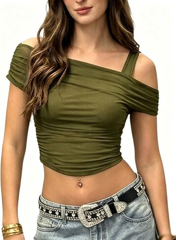 WDIRARA Women's 2 in 1 Off Shoulder Mesh Tops Ruched Short Sleeve Crop Tee Shirts in Kuwait