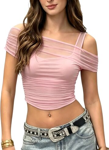 WDIRARA Women's 2 in 1 Off Shoulder Mesh Tops Ruched Short Sleeve Crop Tee Shirts in Kuwait