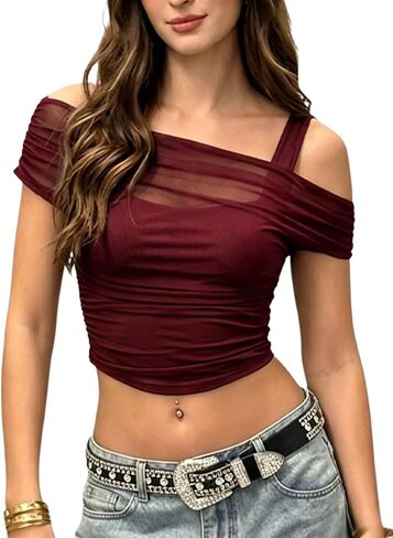 WDIRARA Women's 2 in 1 Off Shoulder Mesh Tops Ruched Short Sleeve Crop Tee Shirts in Kuwait