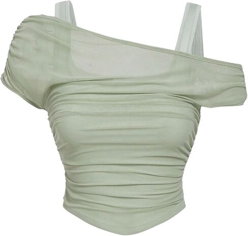 WDIRARA Women's 2 in 1 Off Shoulder Mesh Tops Ruched Short Sleeve Crop Tee Shirts in Kuwait