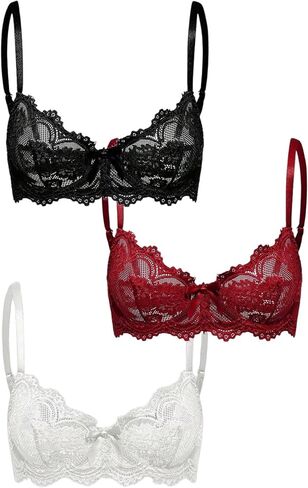 GORGLITTER Women's 3 Pack Sexy Lace Push Up Bra Cute Sheer Mesh Underiwre Everyday Bras in Kuwait
