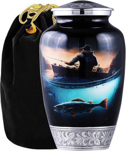 Large Fishing Cremation Urn for Human Ashes Adult – Handmade Funeral Urn for Men & Women, 200 Cubic Inch Memorial Urn, Decorative Burial Urn with Velvet Bag for Loved One. in Kuwait