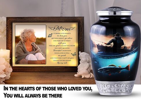 Large Fishing Cremation Urn for Human Ashes Adult – Handmade Funeral Urn for Men & Women, 200 Cubic Inch Memorial Urn, Decorative Burial Urn with Velvet Bag for Loved One. in Kuwait