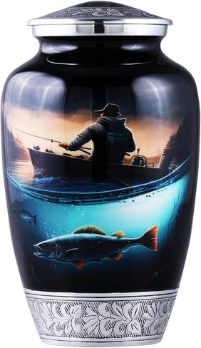 Large Fishing Cremation Urn for Human Ashes Adult – Handmade Funeral Urn for Men & Women, 200 Cubic Inch Memorial Urn, Decorative Burial Urn with Velvet Bag for Loved One. in Kuwait