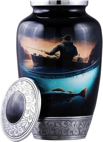 Large Fishing Cremation Urn for Human Ashes Adult – Handmade Funeral Urn for Men & Women, 200 Cubic Inch Memorial Urn, Decorative Burial Urn with Velvet Bag for Loved One. in Kuwait