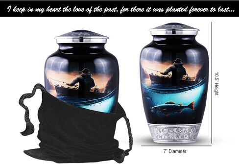 Large Fishing Cremation Urn for Human Ashes Adult – Handmade Funeral Urn for Men & Women, 200 Cubic Inch Memorial Urn, Decorative Burial Urn with Velvet Bag for Loved One. in Kuwait