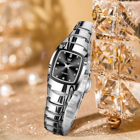 OLEVS Watch for Women Ladies Watches Small Square Face Waterproof Womens Dress Watches Tungsten Steel Analog Quartz Silver Women's Wrist Watch Black Dial in Kuwait