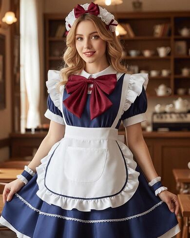 Maid Costume Women Cute Lolita Dress Adult Maid Outfit with Bow & Apron for Anime Cosplay in Kuwait