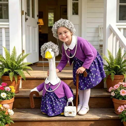 Old Lady Porch Goose Outfits, 100 Days Grandma Goose Clothes with Wig Glasses Pearl Necklace and Bag, Fits 23" Cement Plastic Goose Statue for Outdoor Yard Garden Patio Decor in Saudi Arabia