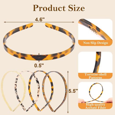 4-Pack Tortoise Shell Headbands for Women, Thin Acetate Resin Hair Bands with Non-Slip Teeth, Leopard Fashion Hair Accessories for Women & Girls in Saudi Arabia