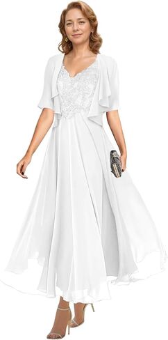 Cadoly 2 Pieces Tea Length Mother of The Bride Dresses for Wedding 2026 Elegant A-line Chiffon Formal Dresses for Women in Saudi Arabia