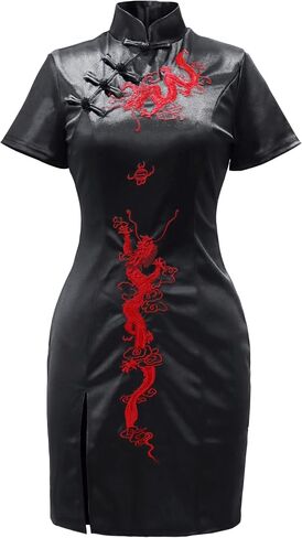 Womens Short Cheongsam Dresses Vintage Black Slit Hem Gothic Dress Dragon Embroidery Chinese Clothing in Saudi Arabia