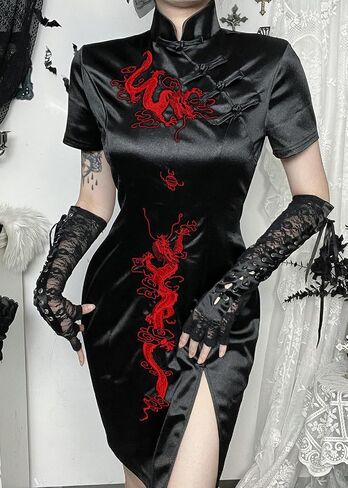 Womens Short Cheongsam Dresses Vintage Black Slit Hem Gothic Dress Dragon Embroidery Chinese Clothing in Saudi Arabia