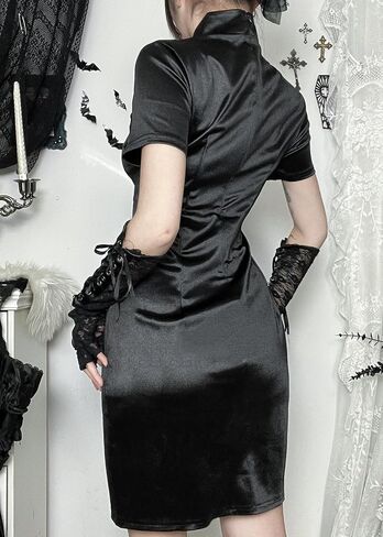 Womens Short Cheongsam Dresses Vintage Black Slit Hem Gothic Dress Dragon Embroidery Chinese Clothing in Saudi Arabia