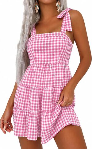FOMELY Gingham Dress Women Plaid Tiered Checkered Milkmaid Tie Shoulder Flowy Beach Vacation Summer Mini Dresses in Saudi Arabia