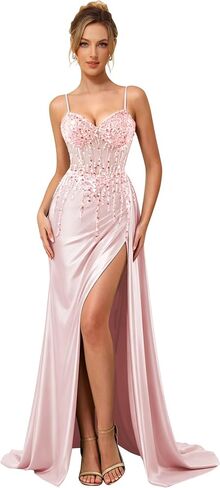 Sparkly Beaded Prom Dresses with Slit 2026 Satin Mermaid Formal Dress for Women in Kuwait