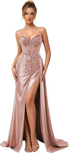 Sparkly Beaded Prom Dresses with Slit 2026 Satin Mermaid Formal Dress for Women in Kuwait