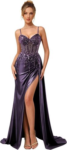 Sparkly Beaded Prom Dresses with Slit 2026 Satin Mermaid Formal Dress for Women in Kuwait