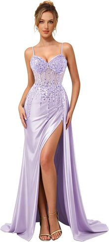 Sparkly Beaded Prom Dresses with Slit 2026 Satin Mermaid Formal Dress for Women in Kuwait