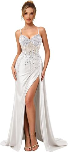 Sparkly Beaded Prom Dresses with Slit 2026 Satin Mermaid Formal Dress for Women in Kuwait