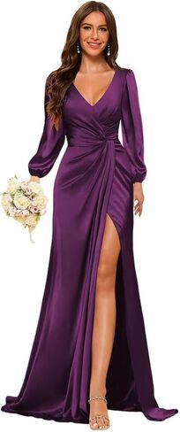 Satin Mermaid Bridesmaid Dresses with Slit Long Sleeves Ruched Long Formal Party Dress WM005 in Saudi Arabia
