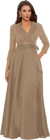 A-Line Satin Mother of The Bride Dresses for Women Puffy Flowy 3/4 Sleeve Sparkly Sequin Formal Dress with Pockets in Kuwait
