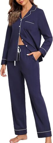 Veseacky Womens Pajamas Sets Lounge Sets for Women with Pockets for Home and Pajama Parties Suitable for all Seasons Navy Blue in Saudi Arabia
