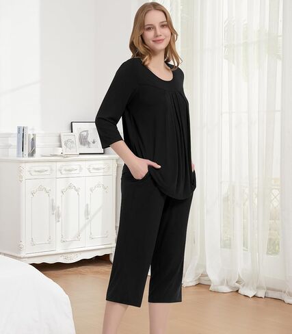 NACHILA Pajamas for Women-Viscose Made from Bamboo, 3/4 Sleeve Capri Pajama Set Soft Sleepwear 2 Piece Pjs in Kuwait
