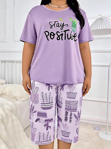 Womens Plus Size Pajamas Sets 2 Pcs Summer PJ Set Printed Loose Short and Pants Lounge Nightwear for Home and Daily Wear in Kuwait