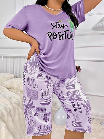 Womens Plus Size Pajamas Sets 2 Pcs Summer PJ Set Printed Loose Short and Pants Lounge Nightwear for Home and Daily Wear in Kuwait