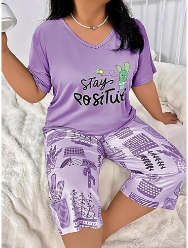 Womens Plus Size Pajamas Sets 2 Pcs Summer PJ Set Printed Loose Short and Pants Lounge Nightwear for Home and Daily Wear in Kuwait