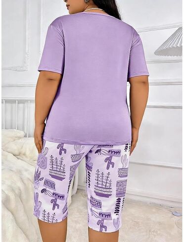 Womens Plus Size Pajamas Sets 2 Pcs Summer PJ Set Printed Loose Short and Pants Lounge Nightwear for Home and Daily Wear in Kuwait