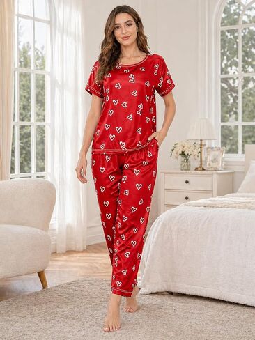 Womens Heart Pajama Set Short Sleeve Top Long Pants Soft Breathable Loungewear Sleepwear for Home Use in Kuwait